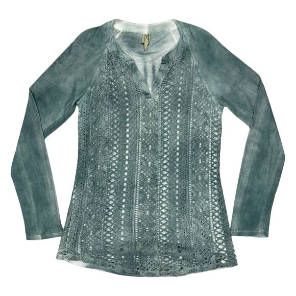 XCVI Blouse Women S Sage Green V-Neck Lace Embellish Breathable Casual Chic Top - Picture 1 of 13